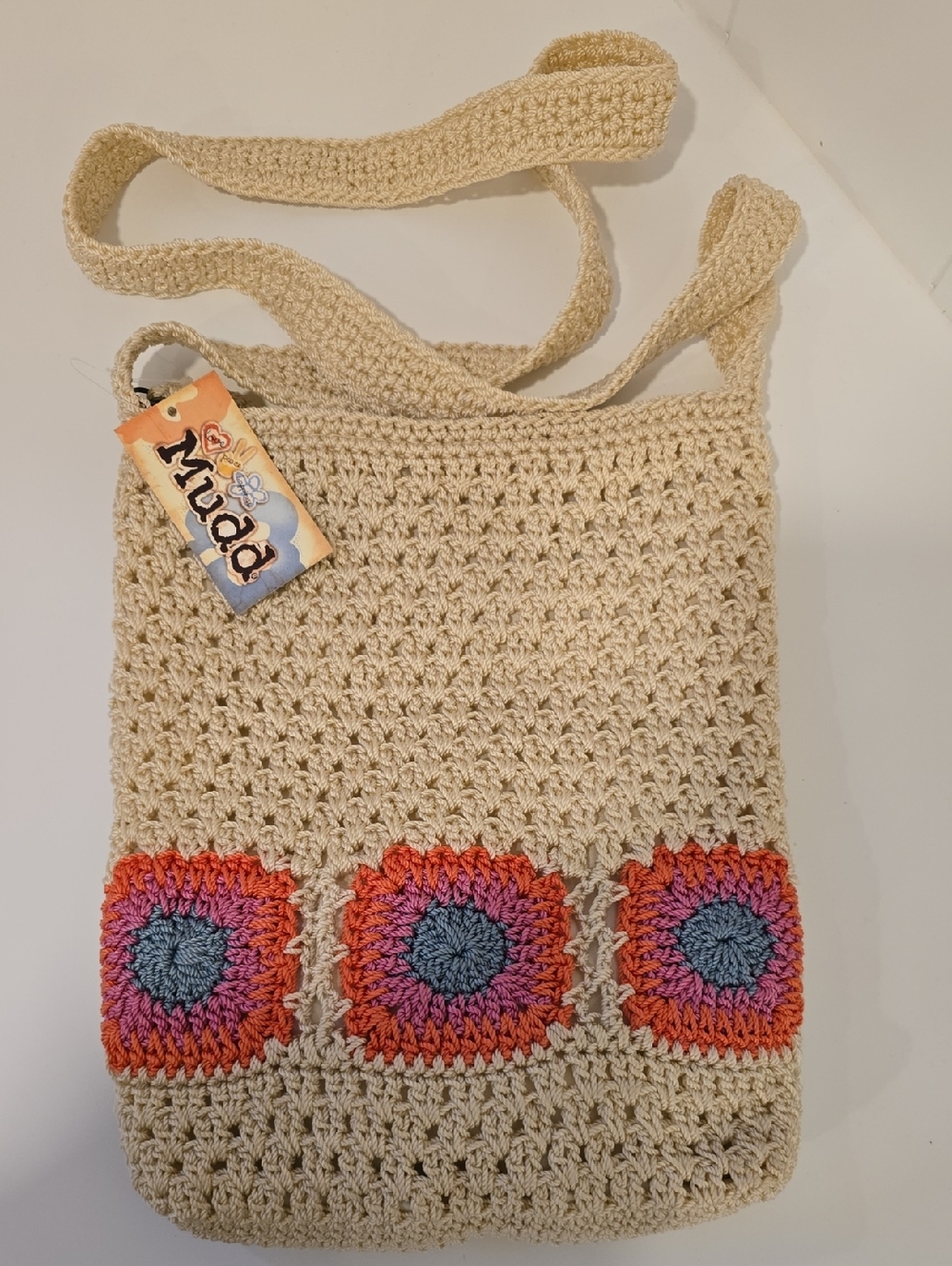 Mudd Cream Crochet Crossbody Bag with Pink Purple Orange Motifs